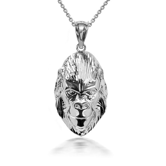 925 Sterling Silver 3D Gorilla Face Pendant Necklace with Caged Back