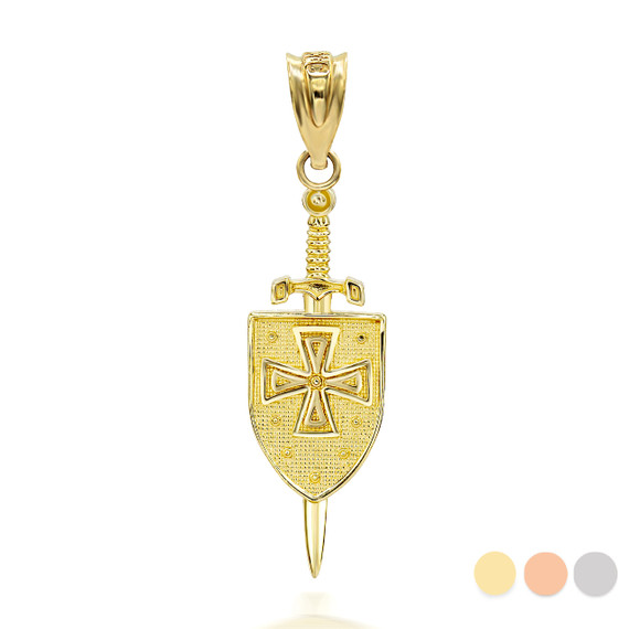 Yellow Gold 3D Saint Michael Sword & Shield Cross Pendant