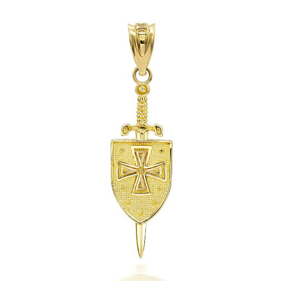 Gold 3D Saint Michael Sword & Shield Cross Pendant Necklace (Yellow/Rose/White)