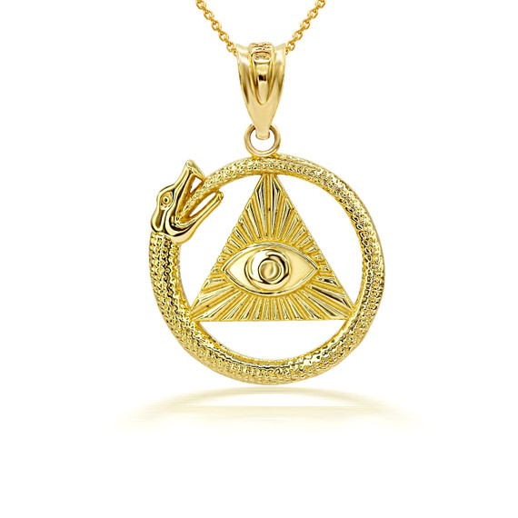 Gold Textured Ouroboros Snake Pyramid Eye of Providence Pendant