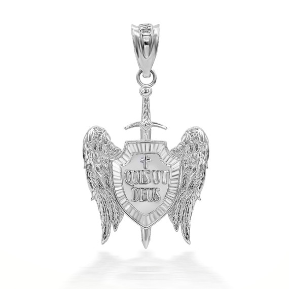 White Gold 3D Saint Michael Sword & Shield "Quis Ut Deus" Angel Wings Pendant