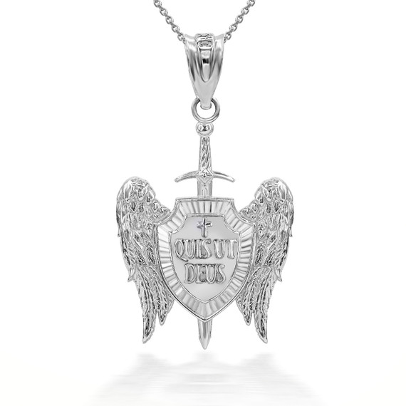 Silver 3D Saint Michael Sword & Shield "Quis Ut Deus" Angel Wings Pendant Necklace