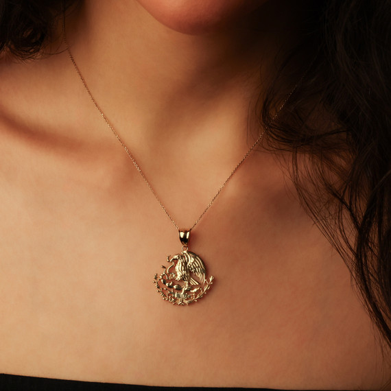 10K/14K Gold Mexican Eagle Pendant Necklace (1.28") (Available in Yellow Gold, Rose Gold, White Gold)