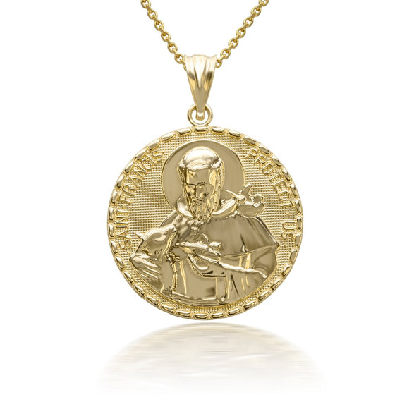 3D 10k/14k Solid Gold Saint Francis Protect Us Pendant  Necklace(YELLOW/ROSE/WHITE)