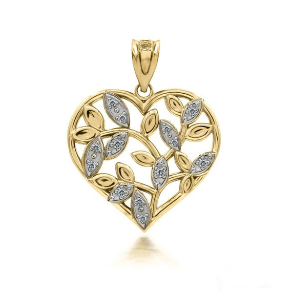 Two-Tone Gold Olive Branch Heart Pendant with Diamond Leaves Necklace (Yellow/Rose/White)