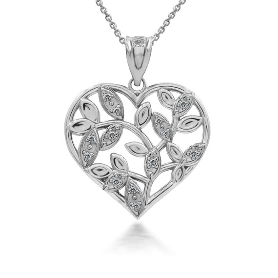 Sterling Silver Olive Branch Heart Pendant with Diamond Leaves Necklace