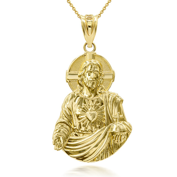 3D 10k/14k Solid Gold Jesus Christ Sacred Heart Big Pendant Necklace (Yellow/Rose/White)