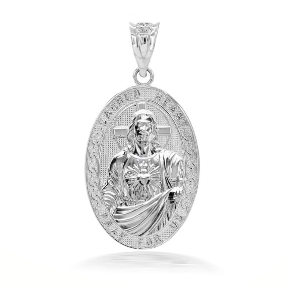 3D 10k/14k Solid Gold Jesus Christ Sacred Heart Narrow Oval Pendant Necklace (Yellow/Rose/White)