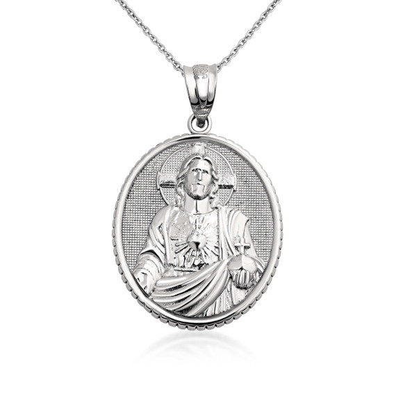 925 Sterling Silver 3D Jesus Christ Sacred Heart Oval Pendant Necklace