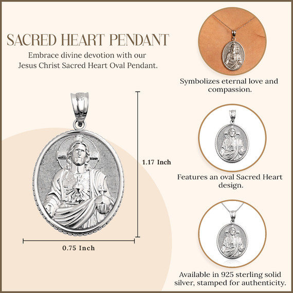 925 Sterling Silver 3D Jesus Christ Sacred Heart Oval Pendant Necklace