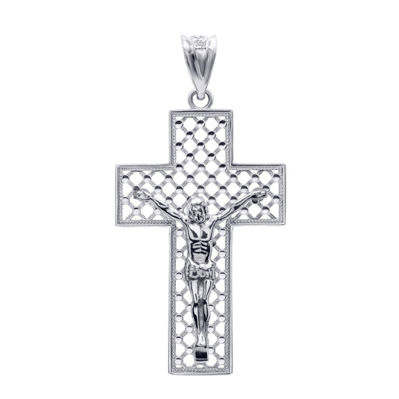 Silver 3D Rhombus Pattern Christ Crucifix Cross Pendant Necklace