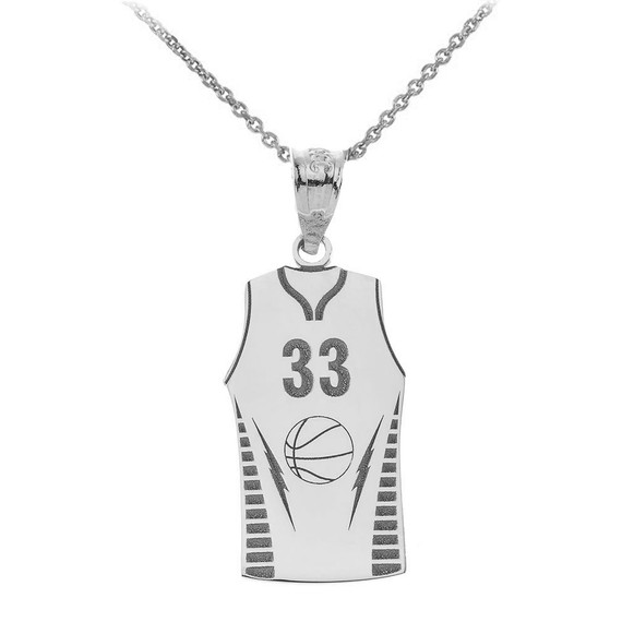 White Gold Personalized Basketball Jersey Engravable Name & Number Sports Pendant Necklace