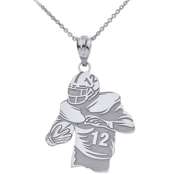White Gold Personalized Football Player Engravable Name & Number Sports Pendant Necklace