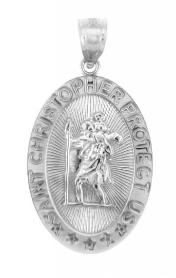 Gold Religious Pendants - The Saint Christopher Protect Us Oval White Gold Pendant