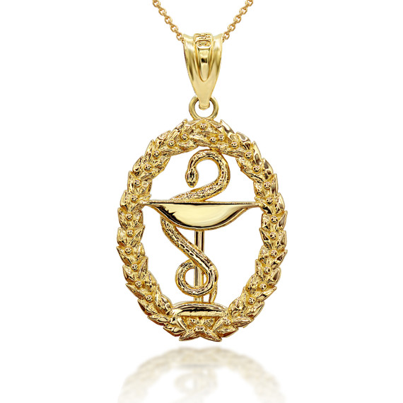 Gold Greek Wreath Bowl Of Hygieia Snake Pendant Necklace (Available in Yellow/Rose/White Gold)