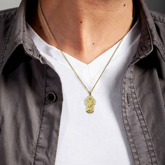 Gold Saint Michael Archangel Cross Charm Necklace (Available in Yellow/Rose/White Gold)