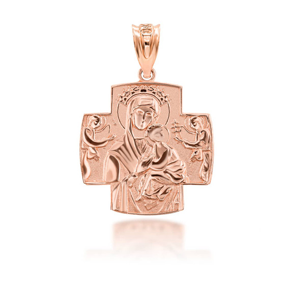 Gold Jesus And Mary Two Sided Russian Orthodox Cross Charm Necklace (Available in Yellow/Rose/White Gold)