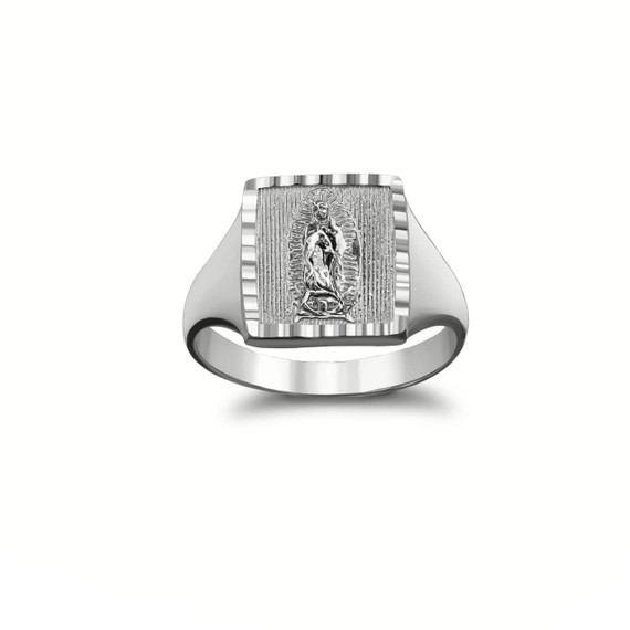 Sparkle-Cut Square Lady of Guadalupe Signet Ring in Gold (Available in Yellow/  White/ Rose Gold)