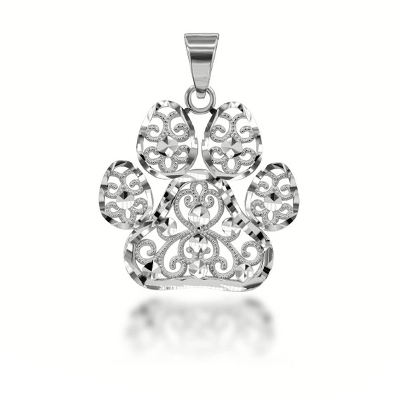 Sparkle Cut Filigree Paw Print Pendant Necklace in Sterling Silver