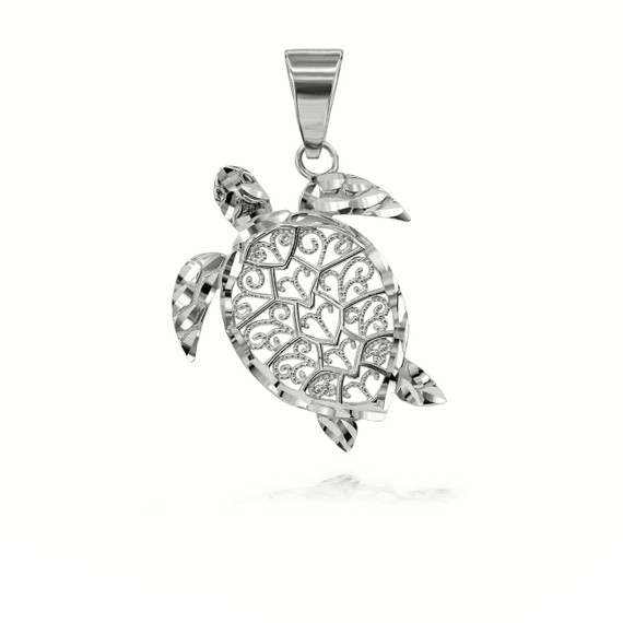 Sparkle Cut Filigree Turtle Pendant Necklace in Sterling Silver