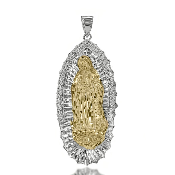 Two Toned Extra Large CZ Studded Our Lady of Guadalupe Pendant in White Yellow Gold