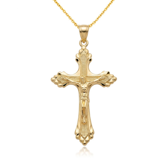 Gold Diamond Cut Crucifix Cross Jesus Christ Pendant Necklace (Available in Yellow/Rose/White Gold)