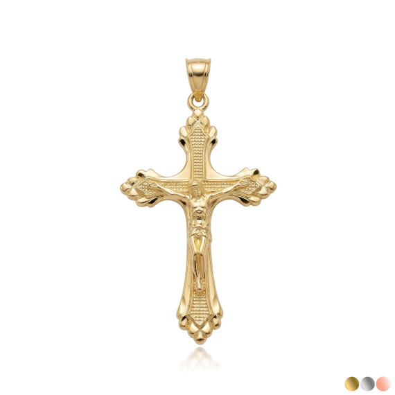 Gold Diamond Cut Crucifix Cross Jesus Christ Pendant Necklace (Available in Yellow/Rose/White Gold)