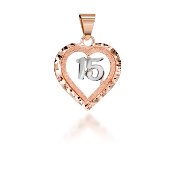 Two-Tone Sparkle Cut in Rose Gold 15 Años Heart Pendant Necklace