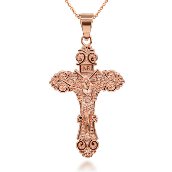 Small-Medium-Large-Solid-Rose-Gold-INRI-floral-Crucifix-Cross-Pendant