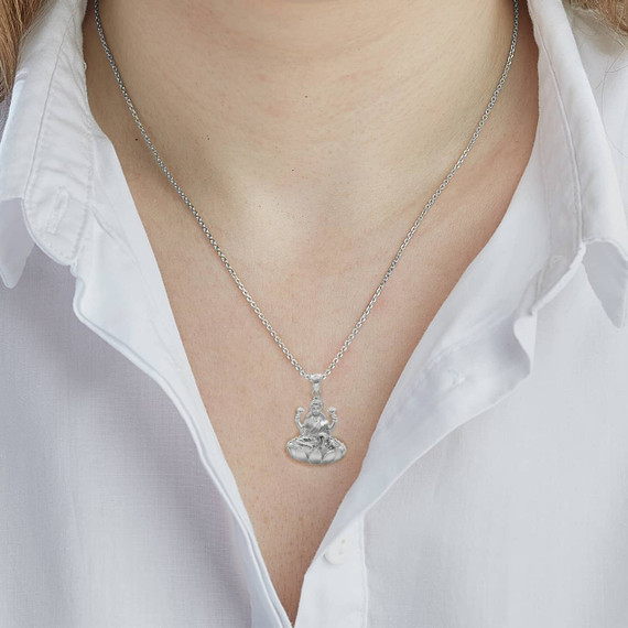 Sterling-silver-lakshmi-hindu-sitting-on-lotus-throne-pendant-necklace-on-model