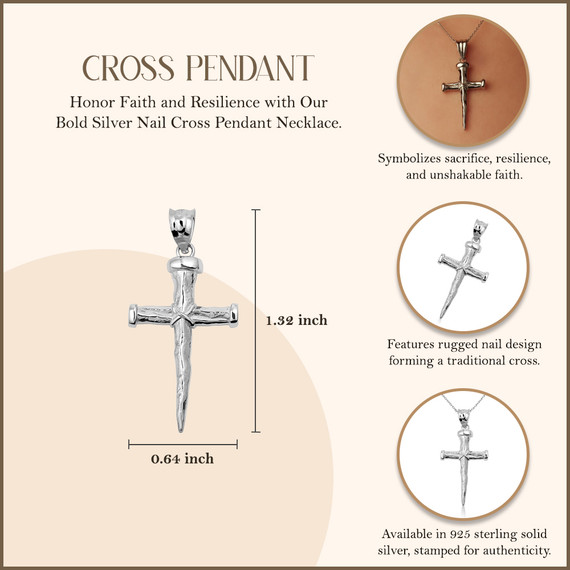925 Sterling Silver Nail Cross Pendant Necklace