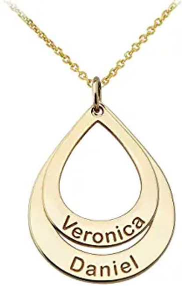 Yellow Gold Custom Engravable 2 Teardrop Name Pendant Necklace