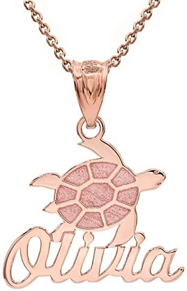 Gold Engravable Personalized Name Good Luck Sea Turtle Charm Pendant Necklace(Yellow/Rose/White)