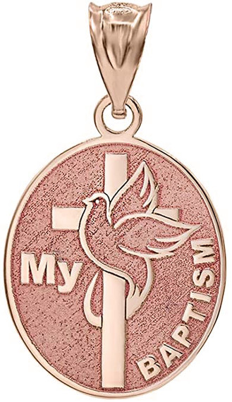 Personalized Gold My Baptism Dove Cross Engravable Oval Charm Pendant Necklace With Name(Yellow/Rose/White)