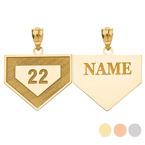 Gold Personalized Sports Home Plate Baseball Base Pendant Necklace with Your Name and Number(Yellow/Rose/White)