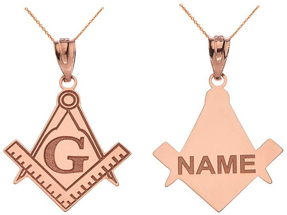 Rose Gold Engravable Freemason Square & Compass Personalized Pendant Necklace Custom Engraved with Any Name