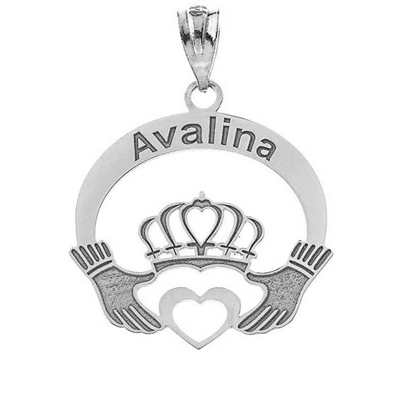 Sterling Silver Personalized Name Open Heart Claddagh Charm Pendant Necklace