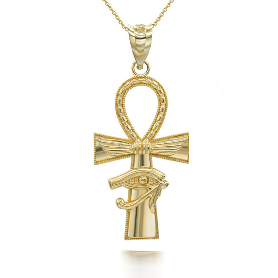 Gold Beaded Ankh Cross Eye of Horus Wedjat Winged Pendant Necklace