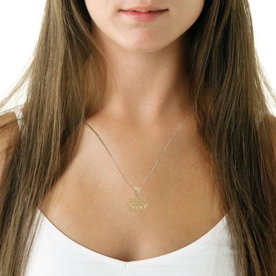 yellow-gold-class-of-2022-graduation-pendant-necklace-on-model