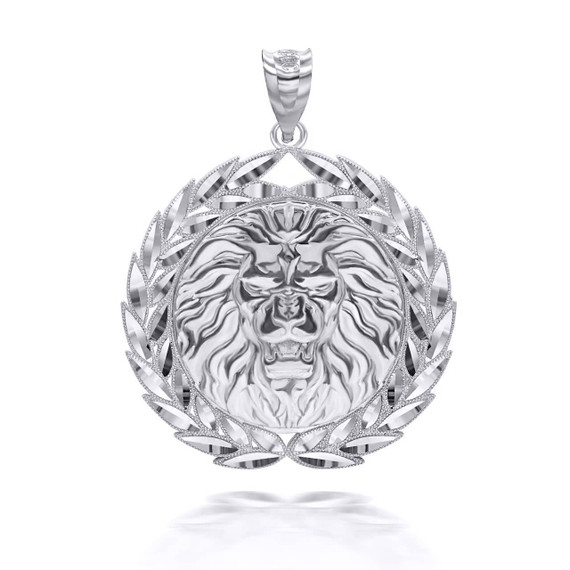 White Gold Lion Head Laurel Wreath Pendant