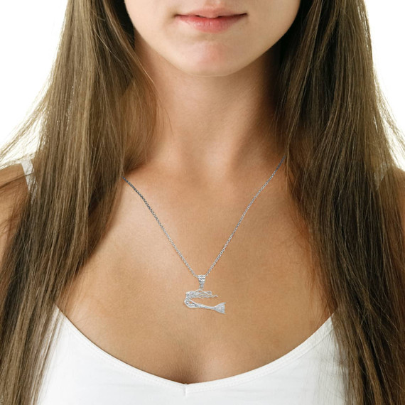 Silver Swimming Mermaid Pendant Necklace On Model