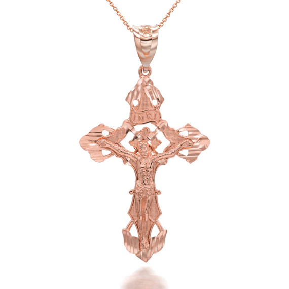 Gold INRI Cross with Diamond Cut Pendant Necklace