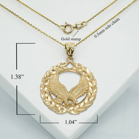 Gold Flying Eagle Laurel Wreath Pendant Necklace With Measurements