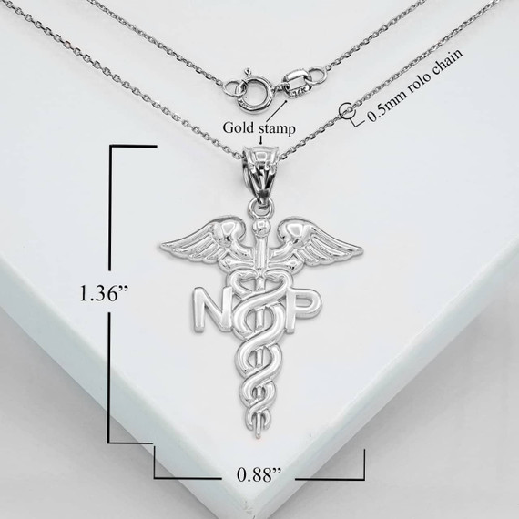 Silver Nurse Practitioner NP Caduceus Pendant Necklace With Measurements