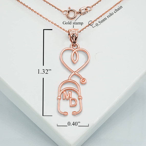 Rose Gold Medical Doctor MD Heart Stethescope Pendant Necklace With Measurements
