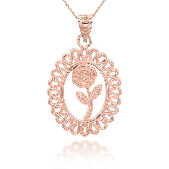 Rose Gold Rose in Filigree Bezel Pendant Necklace