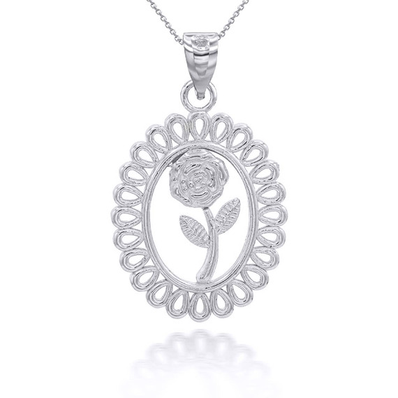 White Rose in Filigree Bezel Pendant Necklace