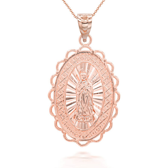 Rose Gold Our Lady of Guadalupe Oval Medallion Pendant Necklace