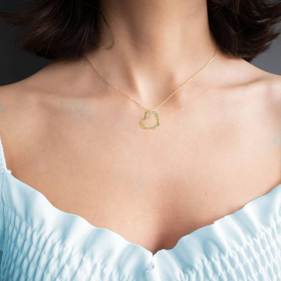 Yellow Gold Double Heart with Diamonds Pendant Necklace On Model
