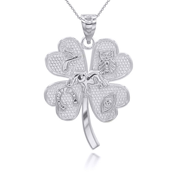 White Gold Four Leaf Clover Good Luck Charm Pendant Necklace